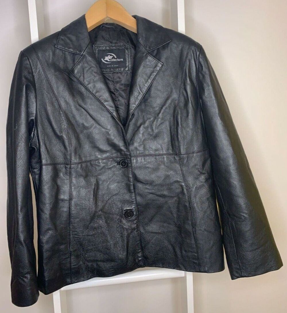 Leather Jacket Womens L Black KC Collection Notch Collar Single Breasted Button